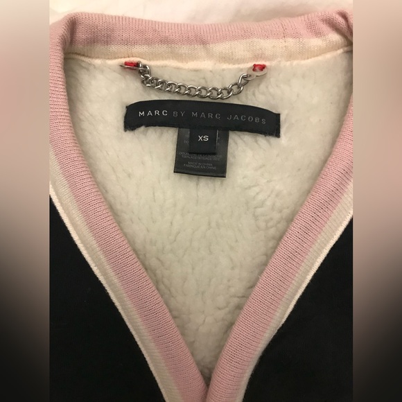 Marc by Marc Jacobs Navy Pink White Strip Knit Fur Warm Cardigan Blazer XS - Picture 3 of 5